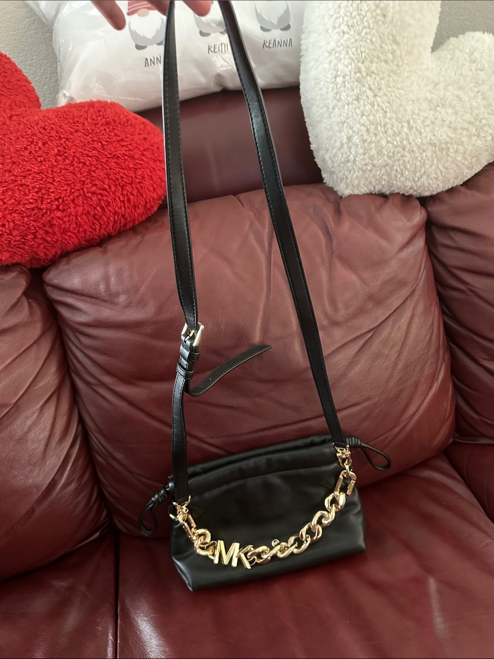 Michael Kors Black Leather Crossbody with Gold Chain Detail